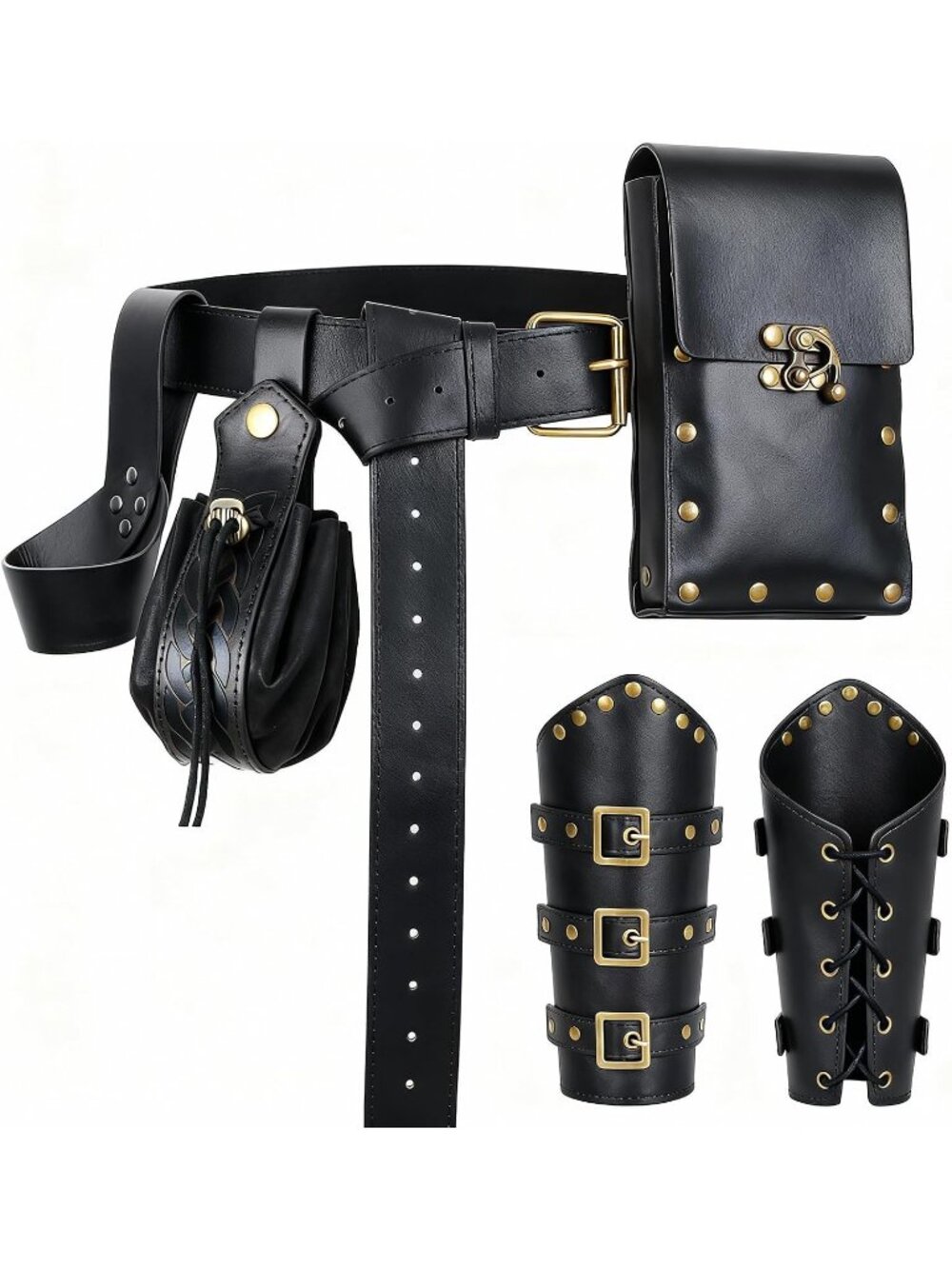 Renaissance Black Solid Belt Pouch Set Studded Leather Bracers, & Drawstring Bag